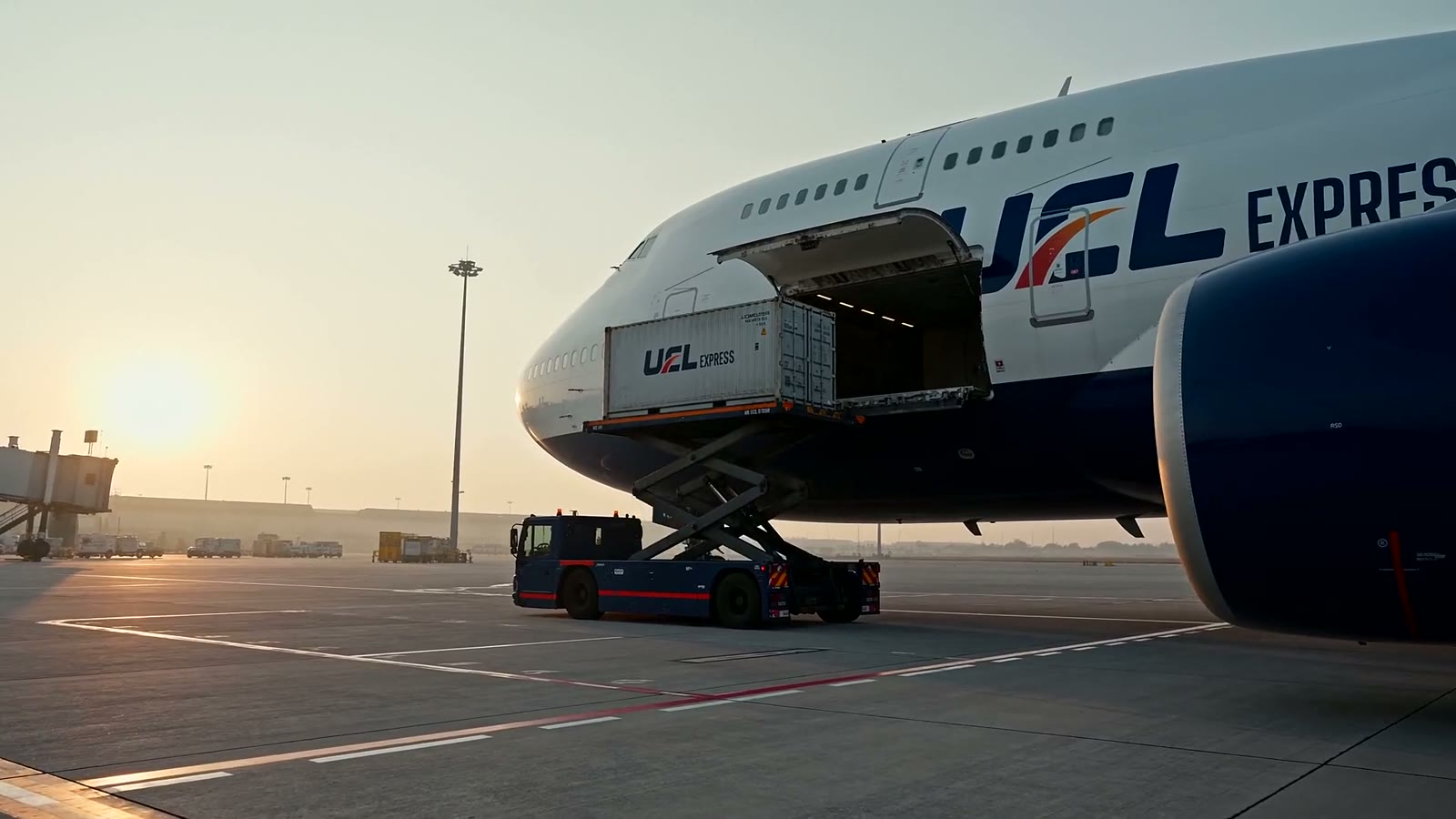 A UCL Express container being loaded into a freighter at dawn